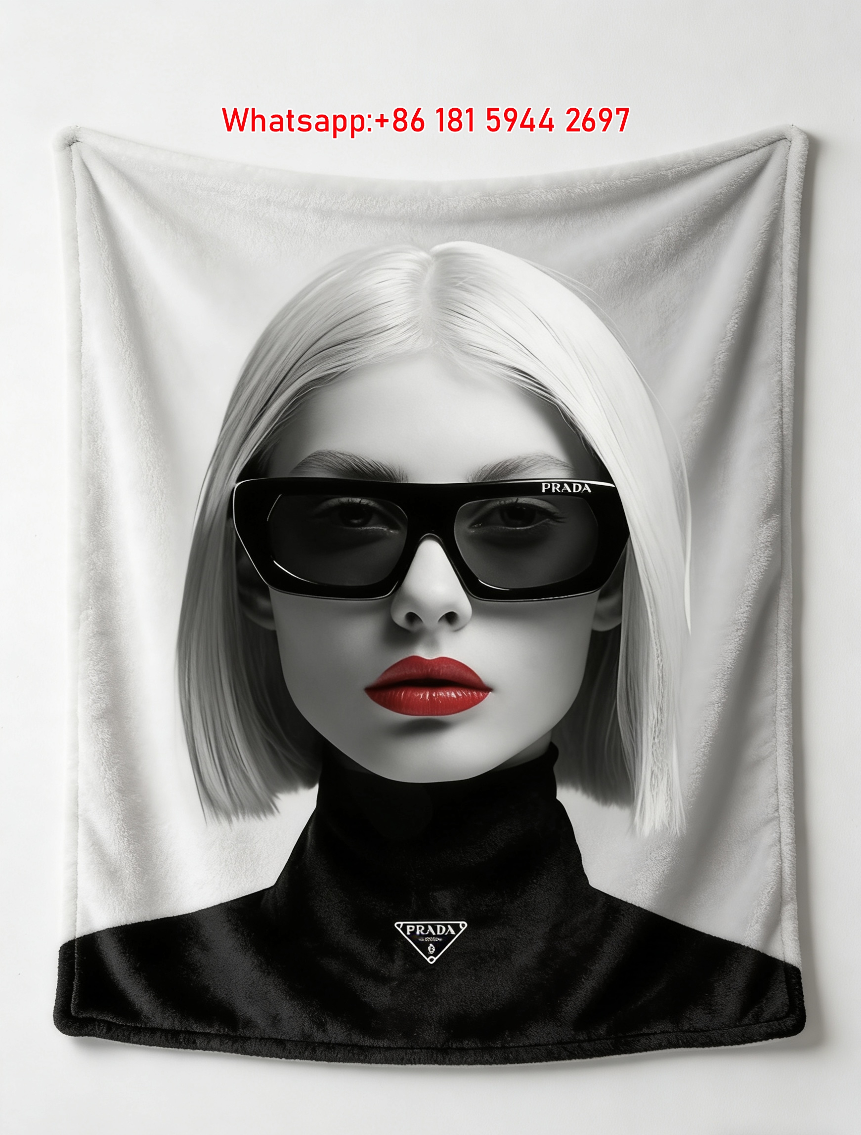 Prada Fashion Sunglasses Red Lip Black White Print Fleece Sofa Throw Blanket IMG_2696